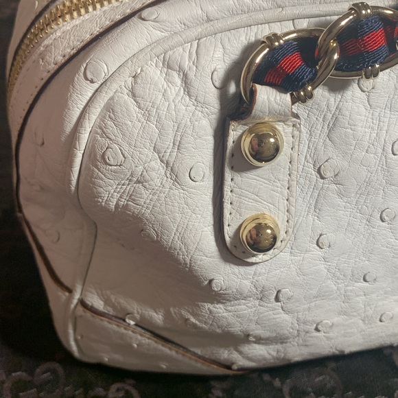 Gucci White Ostrich Leather Capri Bowler Handbag Signature Stripe Gold Hardware - Picture 8 of 16
